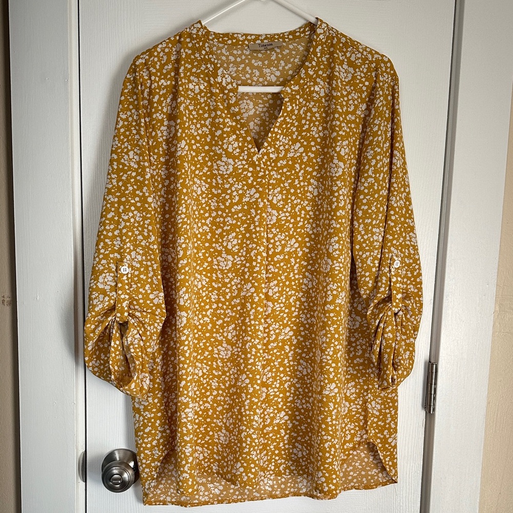 Timeson XXL mustard floral v-neck tunic blouse